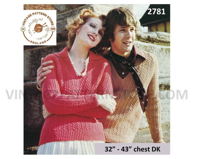 Ladies Womens Mens 70s vintage DK V neck collared twist cable cabled raglan sweater jumper pdf knitting pattern 32" to 43" Download 2781