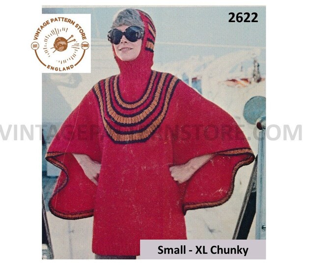 Ladies Womens 70s vintage chunky knit striped yoke yoked hooded balaclava poncho dress pdf knitting pattern Small to XL PDF download 2622
