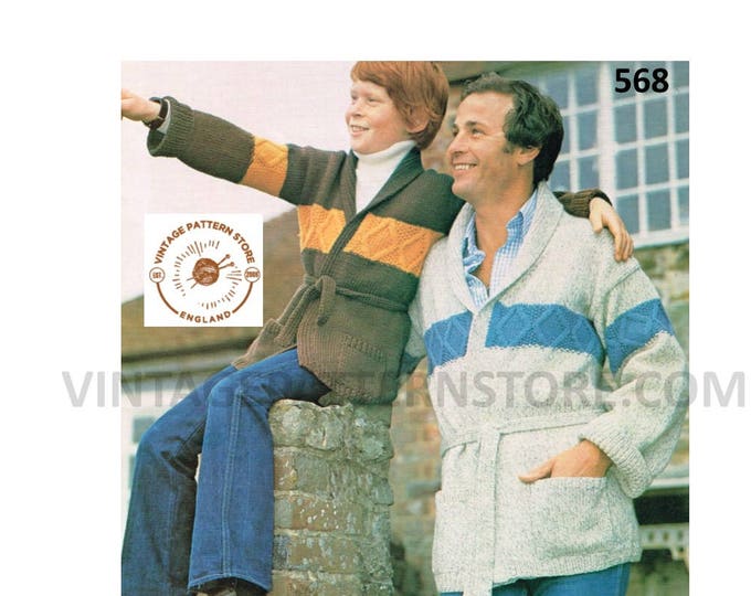 Mens Mans Boys 70s vintage shawl collar cable cabled belted raglan aran jacket coat pdf knitting pattern 26" to 42" chest PDF download 568