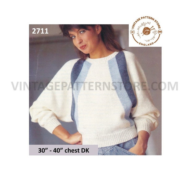 Ladies Womens 80s vintage DK round neck diagonal striped dolman sweater jumper pdf knitting pattern 30" to 40" chest PDF download 2711