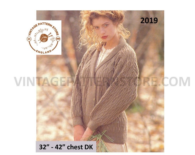 Ladies Womens 90s DK shawl collar drop shoulder cable cabled dolman jacket cardigan pdf knitting pattern 32" to 42" Instant download 2019