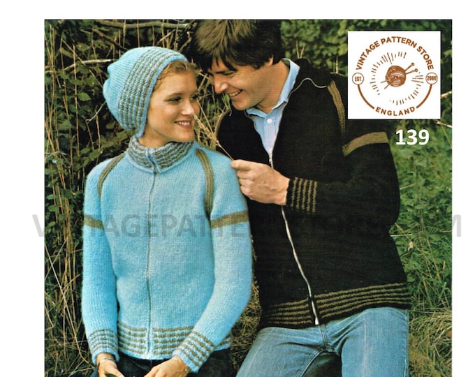 Ladies Womens Mens 80s vintage easy to knit zipped zip up raglan aran jacket and hat cap pdf knitting pattern 34" to 44" chest Download 139