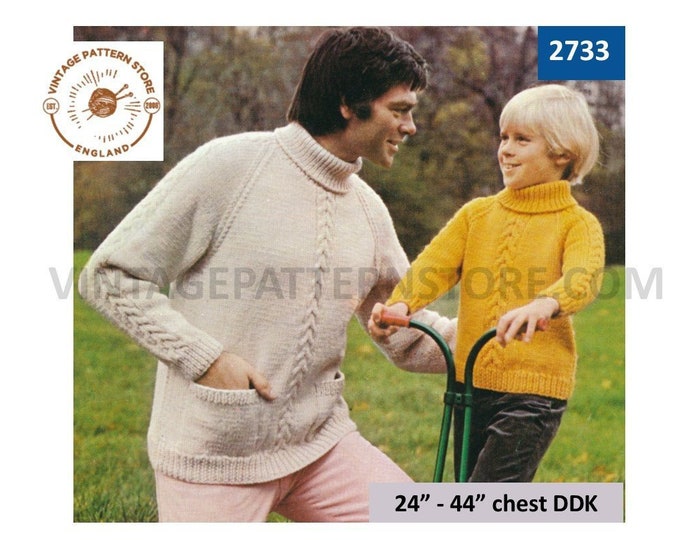 Mens Mans Boys 70s vintage DDK chunky knit polo neck cable cabled raglan sweater jumper pdf knitting pattern 24" to 44" chest download 2733