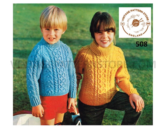 Boys Girls Childrens 80s vintage crew or polo neck cable cabled aran raglan sweater jumper pdf knitting pattern 24" to 28" Download 508