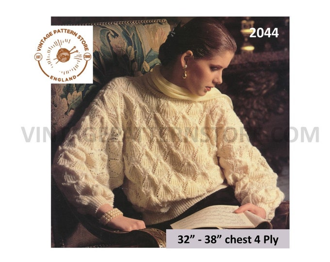 Ladies Womens 90s 4 ply round neck lacy scallop patterned drop shoulder dolman sweater jumper pdf knitting pattern 32" to 38" Download 2044