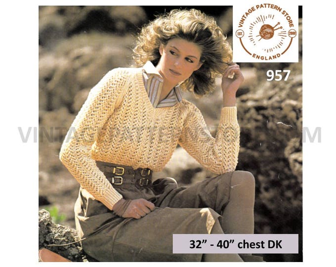 Womens Ladies 80s vintage DK V neck lacy lace raglan sweater jumper pullover pdf knitting pattern 32" to 40" chest Instant PDF download 957