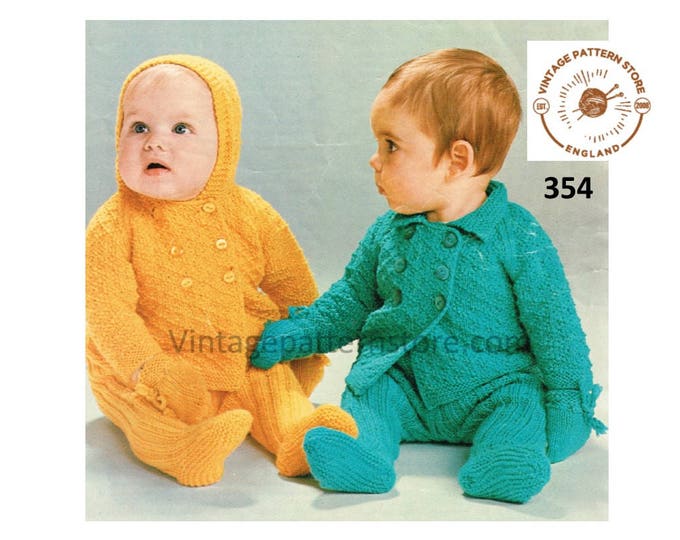 Baby Babies 80s vintage DK pram set double breasted jacket hoodie leggings and mittens pdf knitting pattern 16" to 20" chest Download 354