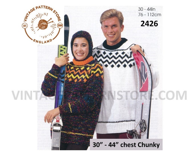 Ladies Womens Mens 90s fair isle yoke yoked crew neck chunky knit raglan sweater jumper pdf knitting pattern 30" to 44" PDF download 2426