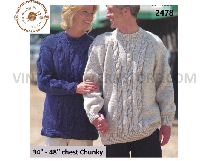 Ladies Womens Mens 90s crew neck chunky knit cable panel drop shoulder dolman sweater jumper pdf knitting pattern 34" to 48" Download 2478