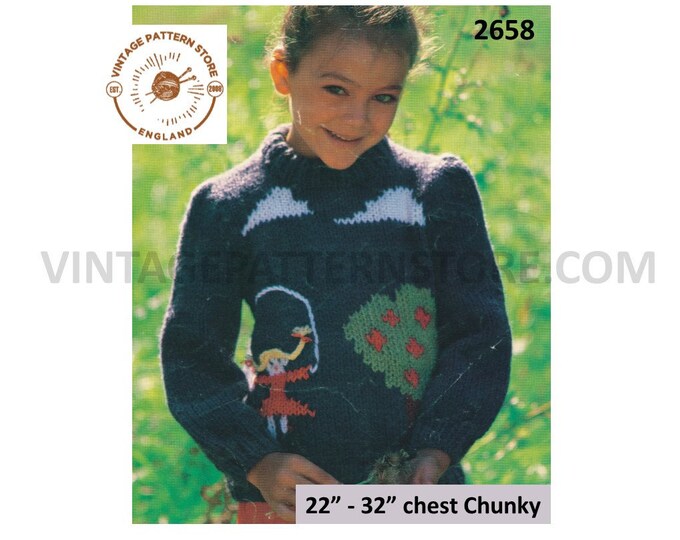 Girls 80s vintage chunky knit crew neck intarsia raglan sweater jumper pdf knitting pattern 22" to 32" chest Instant PDF download 2658