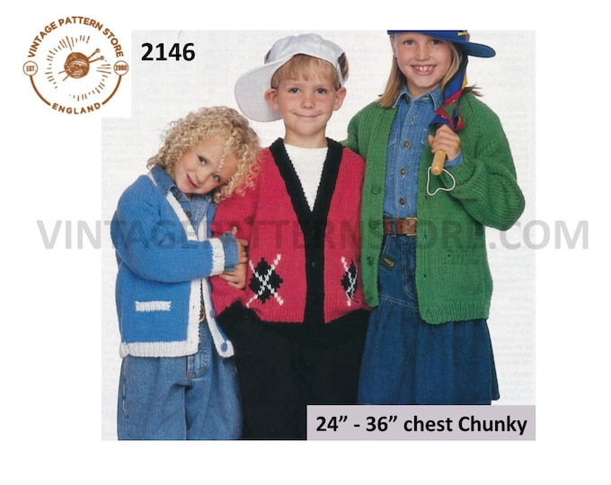 Girls Boys 90s chunky easy to knit V neck raglan cardigan jacket blazer pdf knitting pattern 24" to 36" chest Instant PDF Download 2146