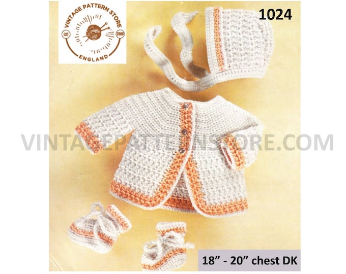 Baby Babies 70s vintage DK round neck raglan matinee coat jacket bonnet booties bootees pdf crochet pattern 18" to 20" chest Download 1024