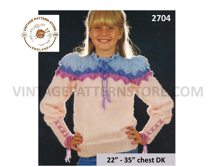 Girls 80s sweater knitting pattern, Girls intarsia yoke tie neck DK raglan sweater jumper pattern - 22" - 35" chest - PDF download 2704