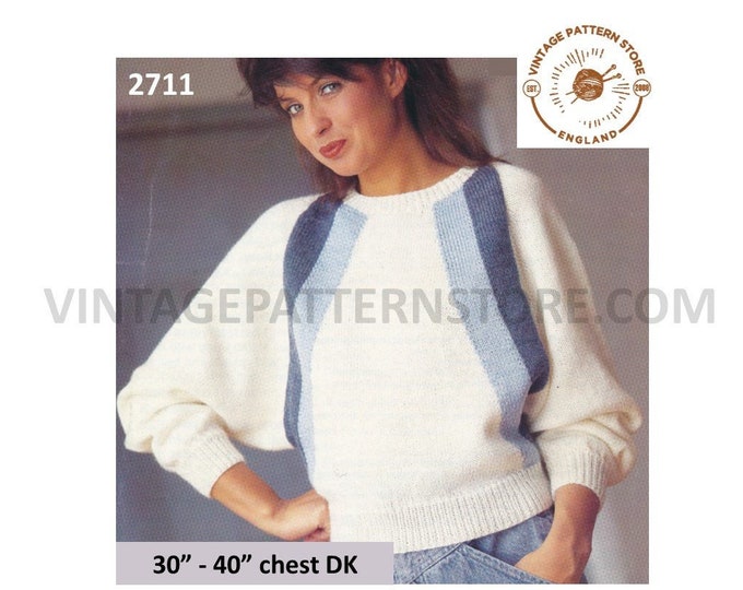 Ladies Womens 80s vintage DK round neck diagonal striped dolman sweater jumper pdf knitting pattern 30" to 40" chest PDF download 2711