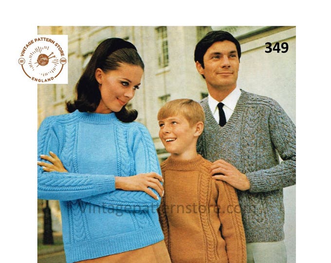Ladies Womens Mens Boys Girls 70s family crew or V neck cable cabled DK raglan sweater jumper pdf knitting pattern 28" to 44" Download 349