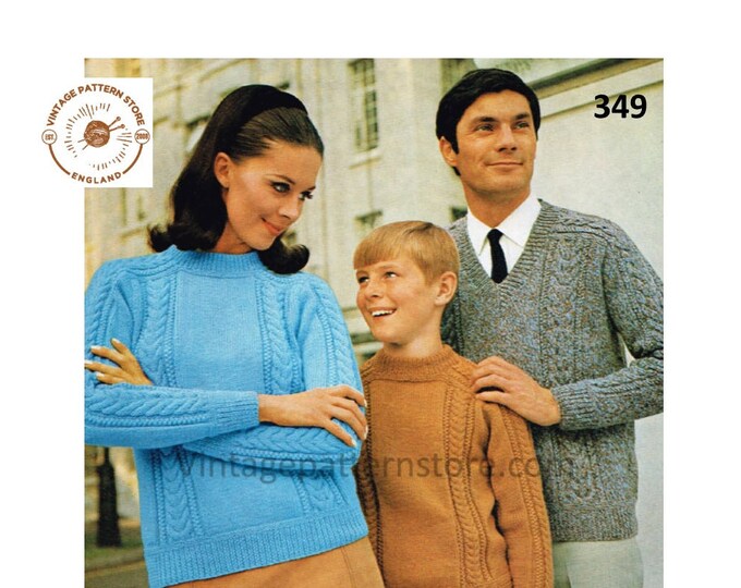 Ladies Womens Mens Boys Girls 70s family crew or V neck cable cabled DK raglan sweater jumper pdf knitting pattern 28" to 44" Download 349