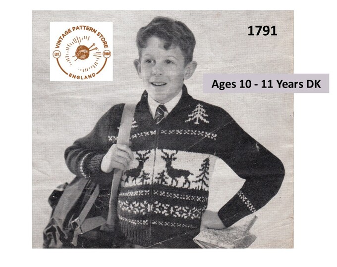 Boys 50s vintage DK V neck Christmas reindeer stag fair isle banded raglan cardigan jacket pdf knitting pattern 30" chest PDF download 1791