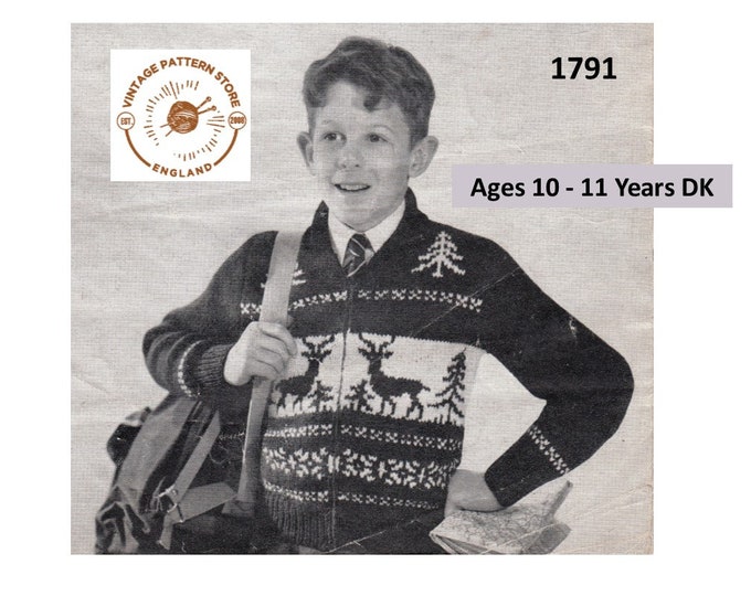 Boys 50s vintage DK V neck Christmas reindeer stag fair isle banded raglan cardigan jacket pdf knitting pattern 30" chest PDF download 1791