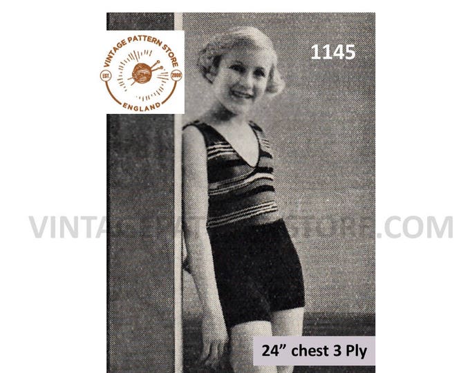 Girls 30s swim suit knitting pattern, Girls 1930s vintage bathing suit 3 ply swimming costume pattern - PDF download 1145