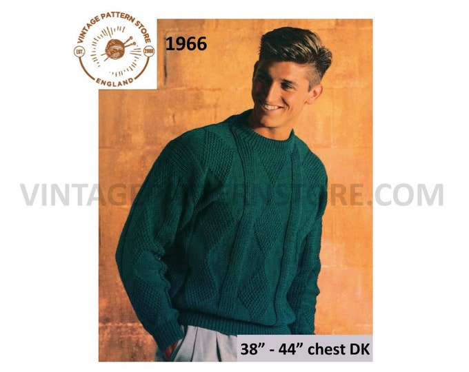 Mens Mans 90s DK crew neck diamond texture panel drop shoulder dolman sweater jumper pdf knitting pattern 38" to 44" chest PDF download 1966