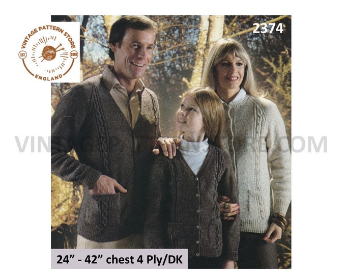 Womens Ladies Mens Girls Boys 80s family V or round neck DK 4 ply cable cabled raglan cardigan pdf knitting pattern 24" to 42" download 2374