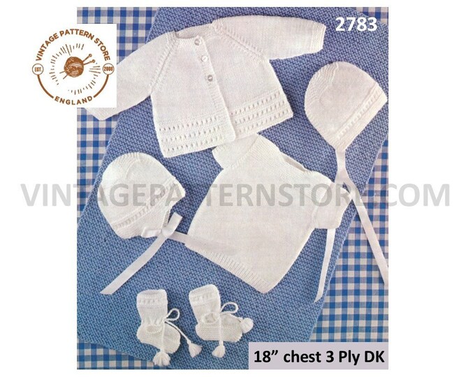 Baby Babies 70s vintage 3 ply & DK layette pram set matinee coat bonnet helmet vest cot cover booties pdf knitting pattern 18" Download 2783