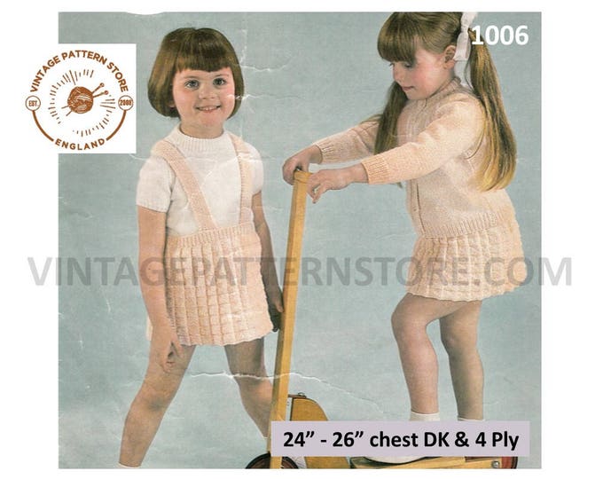 Toddlers Girls 60s vintage easy to knit 4 ply round neck raglan sweater cardigan & skirt pdf knitting pattern 24" to 26" PDF download 1006