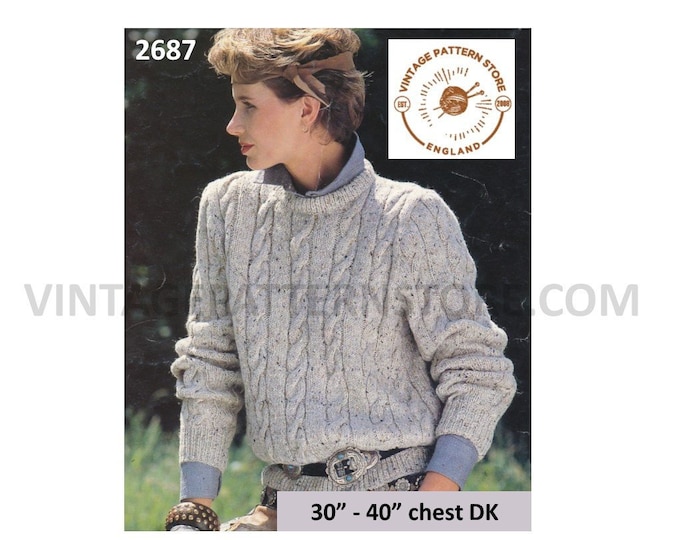 Ladies Womens 80s vintage crew neck twist cable cabled boxy dolman DK sweater jumper pdf knitting pattern 30" to 40" chest PDF download 2687
