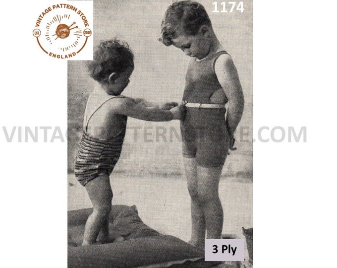 Boys Girls Toddlers 30s vintage 3 ply swimming costume bathing swim suit pdf knitting pattern Instant PDF download 1174