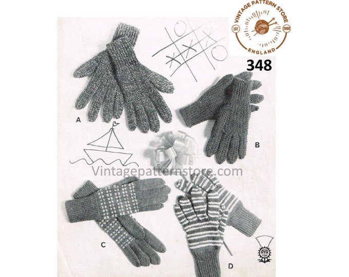 Childrens Girls Boys 50s vintage easy to knit DK striped and plain gloves pdf knitting pattern 5 to 12 years Instant PDF download 348