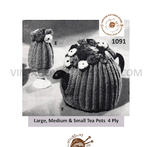 May include: Vintage knitting pattern for tea pot cozies in three sizes: large, medium, and small. The pattern is for 4-ply yarn and features a floral design.