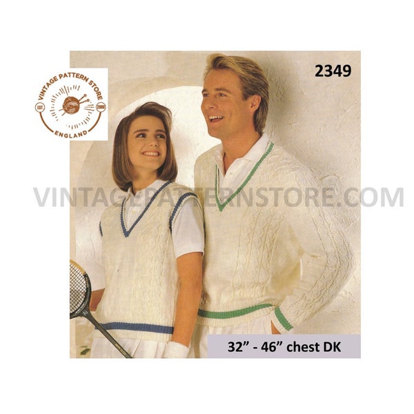 Damen Damen Herren 90er Jahre V-Ausschnitt Kabel Kabel DK Raglan Cricket Sport Pullover Pullover Tank Top pdf Strickmuster 22"bis 36"Download 2349