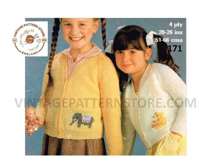 Girls Toddlers elephant and teddy bear 4 ply V neck raglan intarsia cardigan pdf knitting pattern 20" to 26" chest Instant PDF download 171