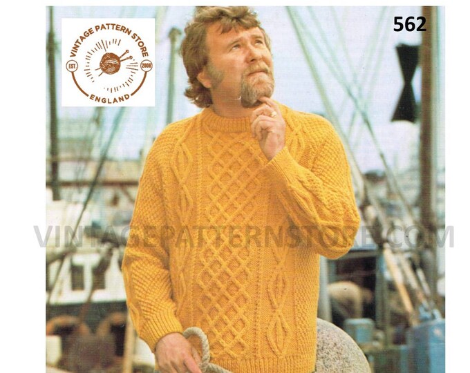 Mens Mans 70s vintage round neck Scottish celtic cable cabled raglan aran sweater jumper pdf knitting pattern 38" to 42" chest Download 562