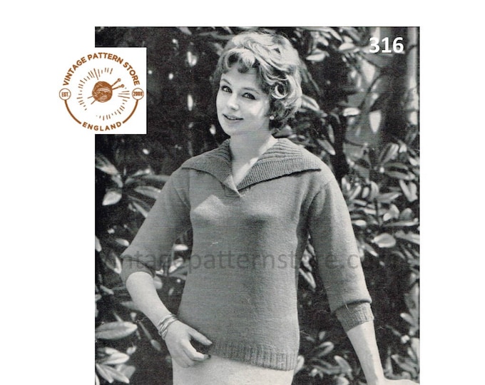 Ladies Womens 50s vintage 4 ply collared short sleeve raglan Summer sweater jumper pdf knitting pattern 34" to 38" chest PDF Download 316