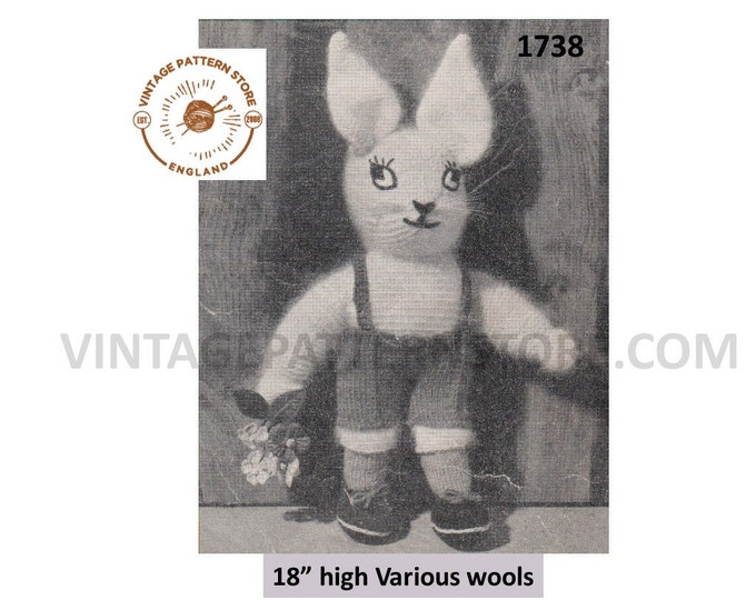 50s vintage easy to knit 3 ply and DK cuddly toy rabbit bunny pdf knitting pattern 18" High Instant PDF Download 1738