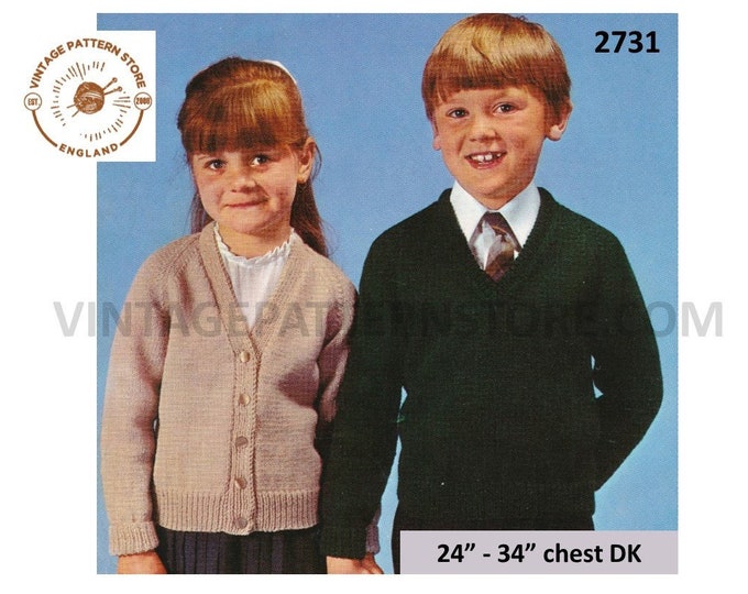 Boys Girls 70s vintage quick simple easy knit DK V neck raglan cardigan & sweater jumper pdf knitting pattern 24" to 34" Download 2731