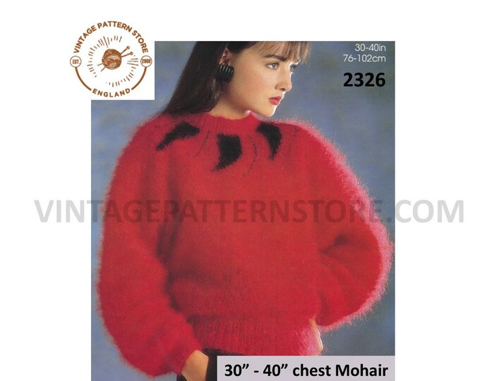 Ladies Womens 90s crew neck intarsia yoke drop shoulder mohair dolman sweater jumper pdf knitting pattern 30" to 40" chest PDF download 2326