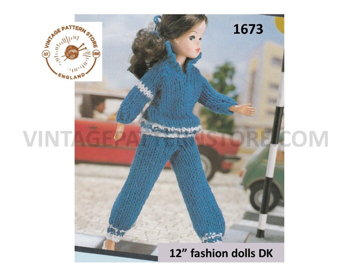 80s Vintage 12" fashion dolls DK Barbie Sindy track suit jogging set dolls clothes pdf knitting pattern Instant PDF download 1673