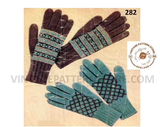 Ladies Womens 50s vintage 3 ply fair isle and lattice gloves pdf knitting pattern 6" to 6.5" palm size Instant PDF Download 282