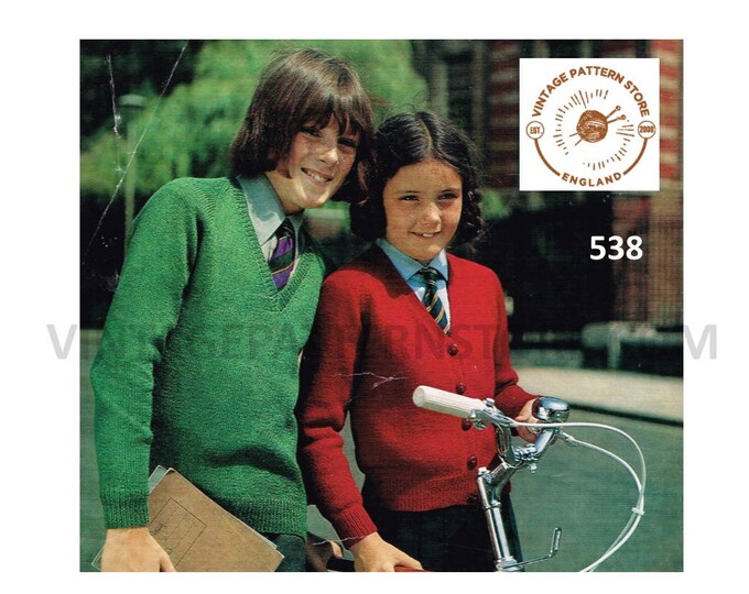 Boys Girls 80s vintage simple and easy to knit 4 ply V neck raglan cardigan sweater jumper pdf knitting pattern 26" to 36" Download 538