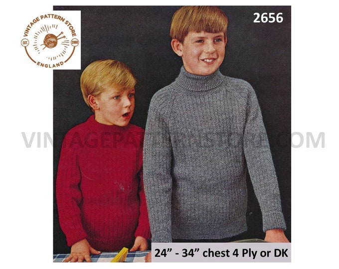 Boys 60s quick simple & easy to knit DK 4 ply crew polo neck rib ribbed raglan sweater jumper pdf knitting pattern 24" to 34" Download 2656