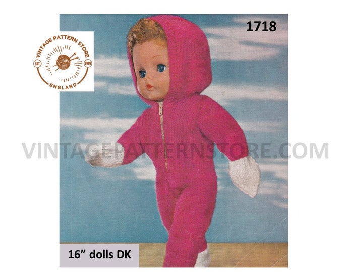 80s vintage 16" DK dolls clothes hooded skiing outfit track suit pdf knitting pattern Instant PDF download 1718