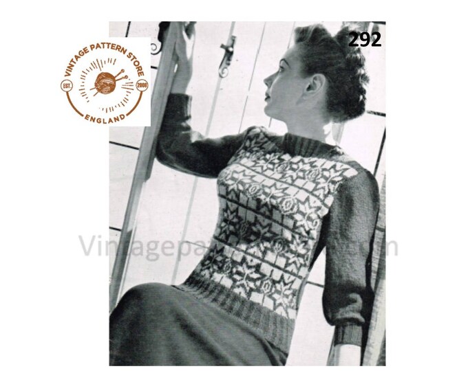 Ladies Womens 40s vintage slash neck fair isle 3 ply raglan sweater jumper pdf knitting pattern 34" chest Instant PDF download 292
