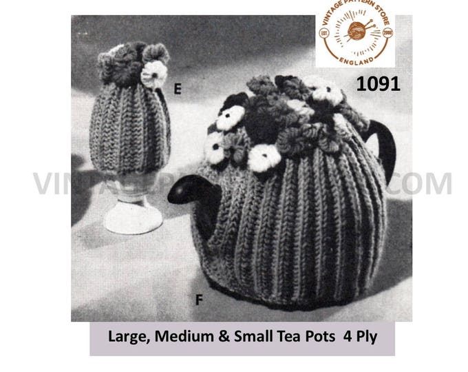 50s vintage easy to knit 4 ply rib ribbed floral egg and tea cosy PDF knitting pattern All Sizes Instant PDF Knitting Pattern 1091