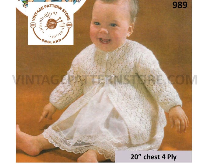 Baby Babies 60s vintage 4 ply round neck eyelet lace lacy raglan matinee coat cardigan pdf knitting pattern 20" chest Instant download 989