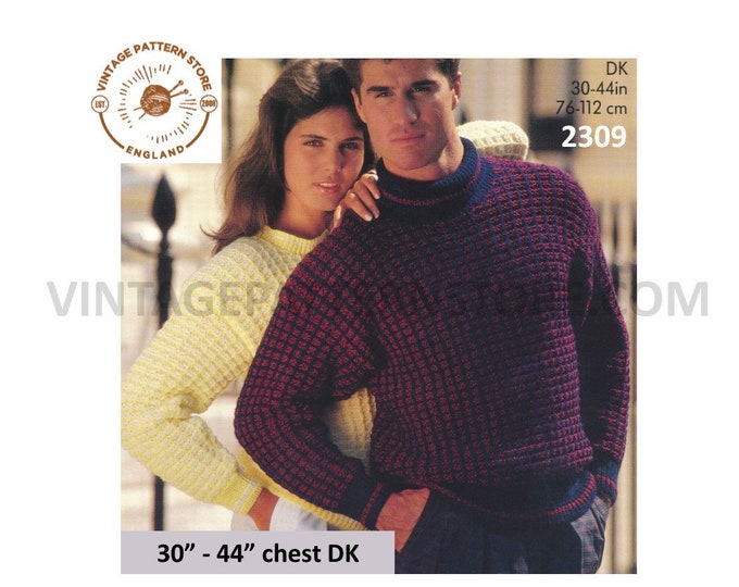 Ladies Womens Mens 90s DK round or polo neck check drop shoulder dolman sweater jumper pdf knitting pattern 30" to 44" chest Download 2309