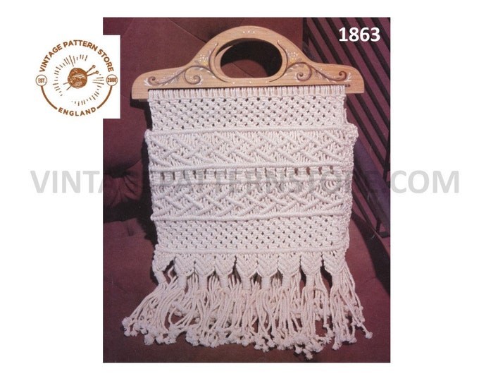 70s vintage macrame craft knitting hand bag purse pdf macrame pattern 11" by 12" Instant PDF Download 1863