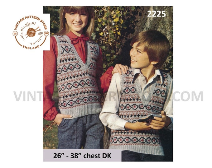 Boys Girls 70s vintage DK V neck fair isle banded sleeveless sweater vest tank top pdf knitting pattern 26" to 38" chest PDF download 2225