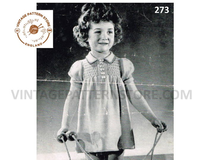 Girls 30s vintage 3 ply short sleeve smocked yoke yoked shirt neck party dress pdf knitting pattern 23" chest Instant PDF Download 273